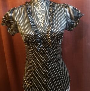 Button-up Polkadot Blouse with Ruffles